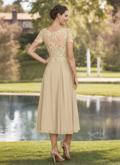 A-Line V-Neck Short Sleeves Tea-Length Chiffon Mother Of The Bride Dresses With Lace