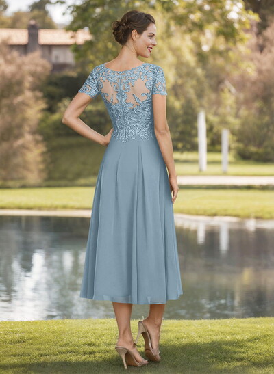 A-Line V-Neck Short Sleeves Tea-Length Chiffon Mother Of The Bride Dresses With Lace