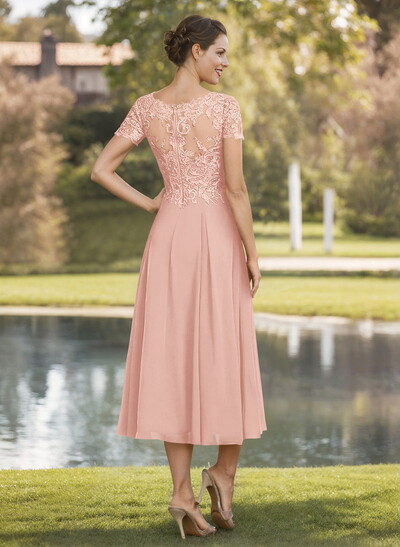 A-Line V-Neck Short Sleeves Tea-Length Chiffon Mother Of The Bride Dresses With Lace