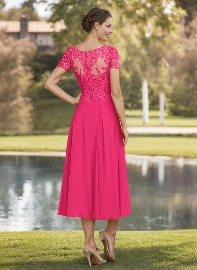 A-Line V-Neck Short Sleeves Tea-Length Chiffon Mother Of The Bride Dresses With Lace