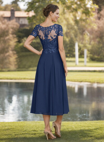 A-Line V-Neck Short Sleeves Tea-Length Chiffon Mother Of The Bride Dresses With Lace