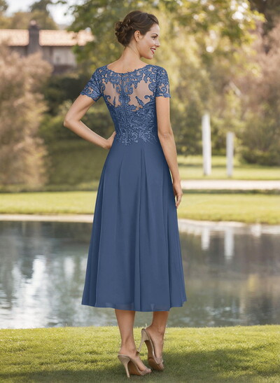 A-Line V-Neck Short Sleeves Tea-Length Chiffon Mother Of The Bride Dresses With Lace