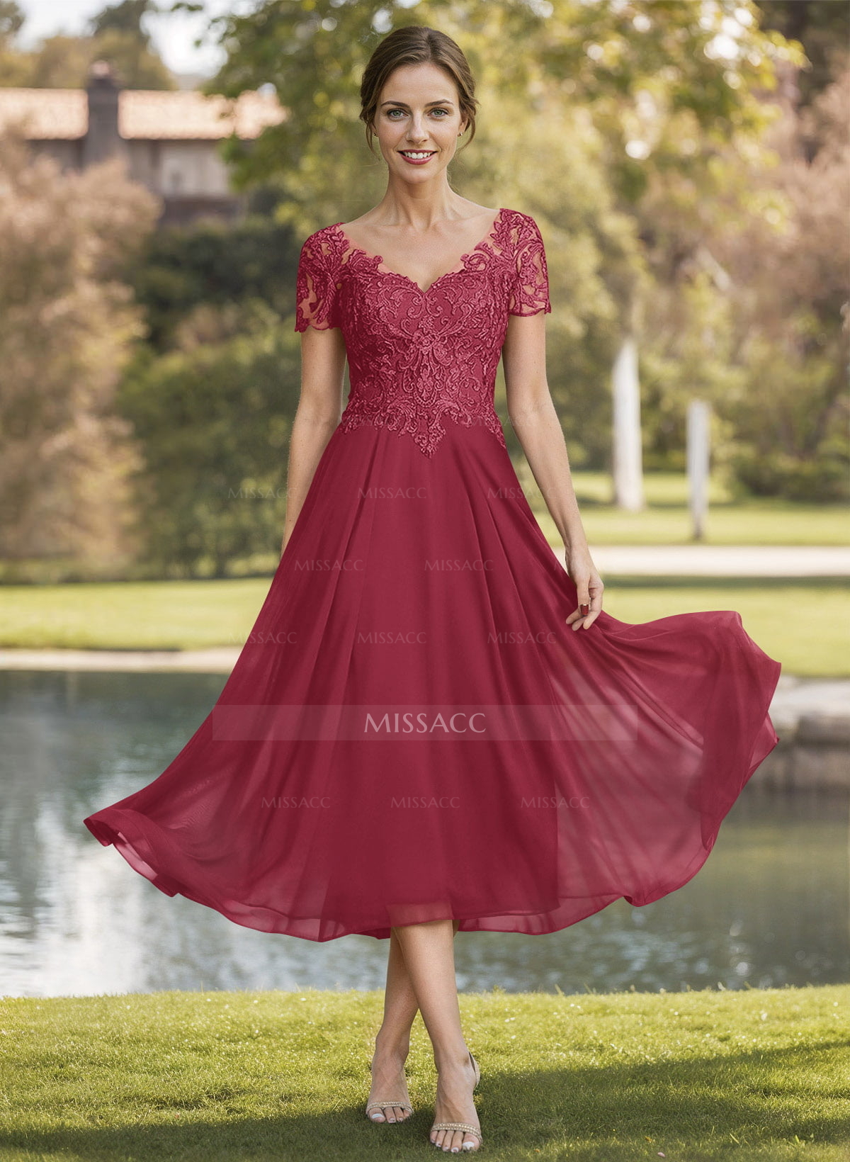 A-Line V-Neck Short Sleeves Tea-Length Chiffon Mother Of The Bride Dresses  With Lace - Missacc, image size:1200x1640