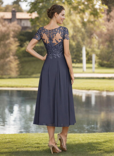 A-Line V-Neck Short Sleeves Tea-Length Chiffon Mother Of The Bride Dresses With Lace