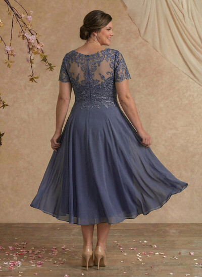 A-Line V-Neck Short Sleeves Tea-Length Chiffon Mother Of The Bride Dresses With Lace