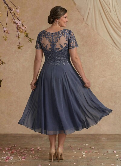 A-Line V-Neck Short Sleeves Tea-Length Chiffon Mother Of The Bride Dresses With Lace
