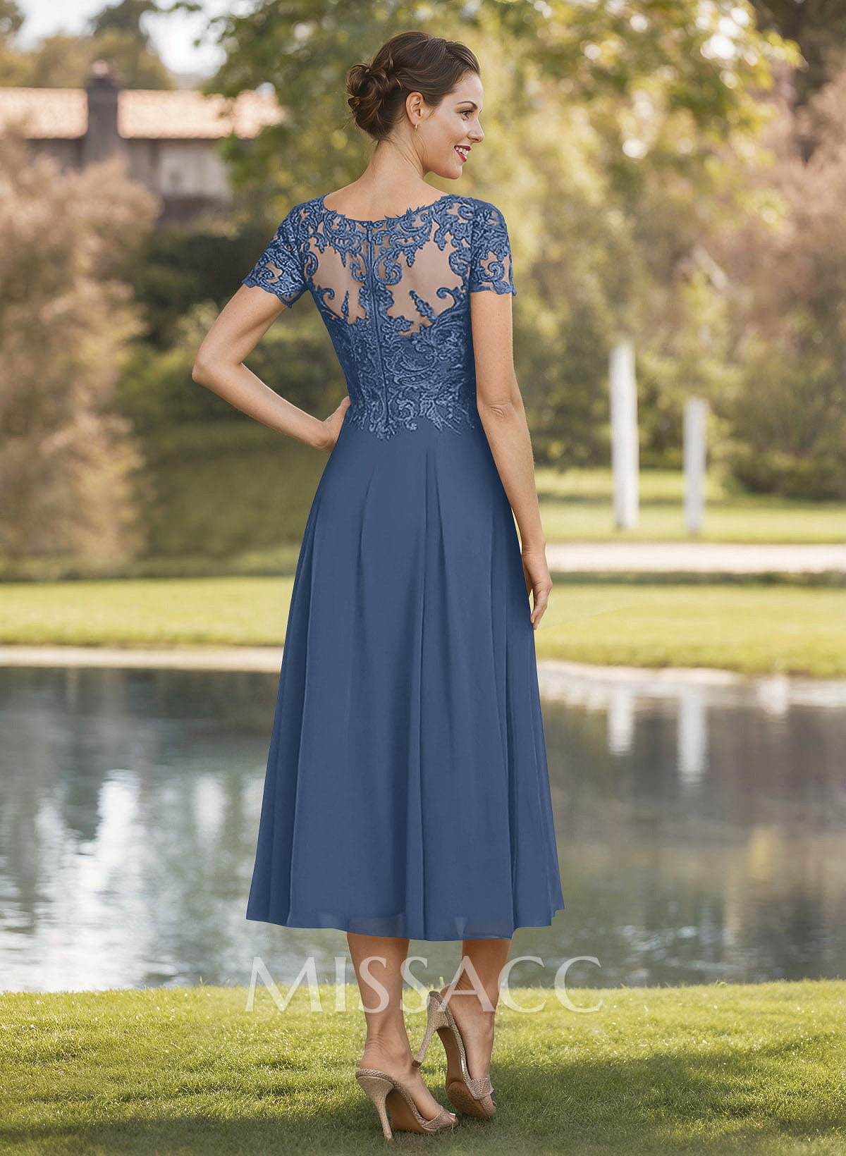 A-Line V-Neck Short Sleeves Tea-Length Chiffon Mother Of The Bride Dresses With Lace