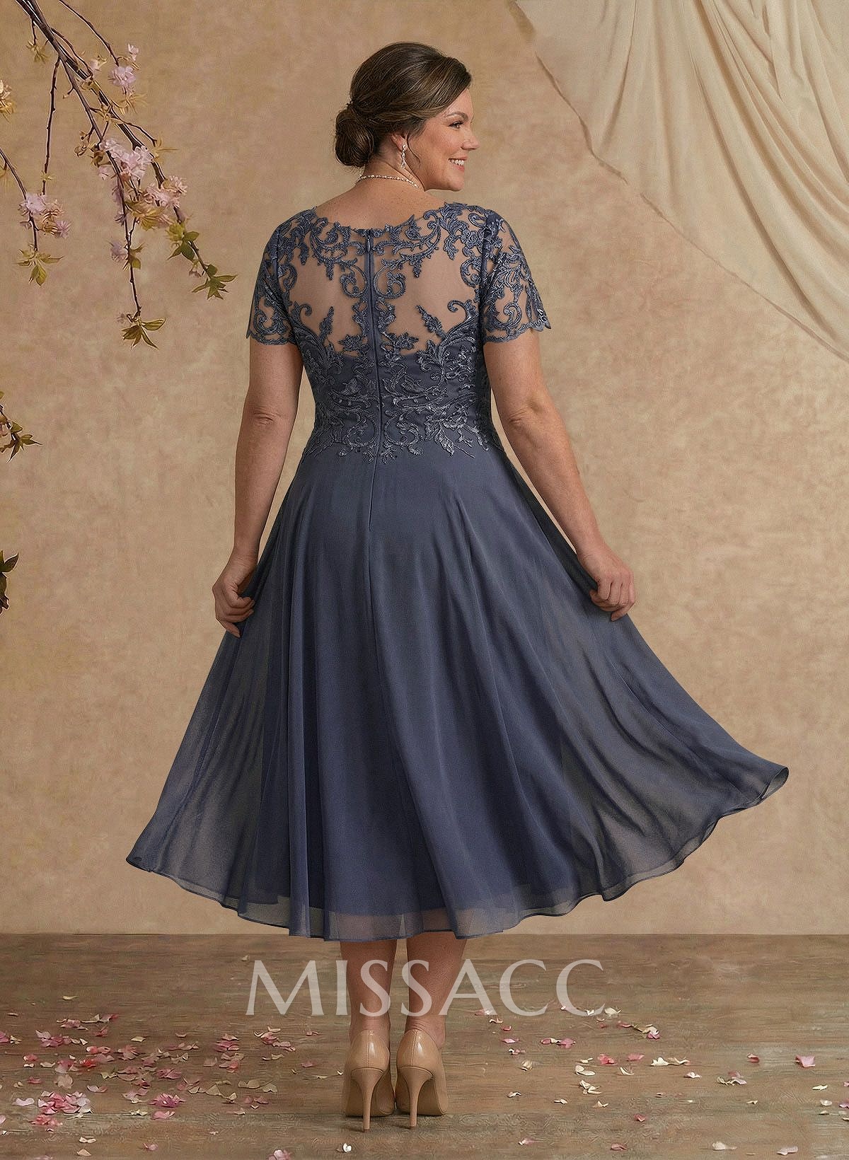 A-Line V-Neck Short Sleeves Tea-Length Chiffon Mother Of The Bride Dresses With Lace