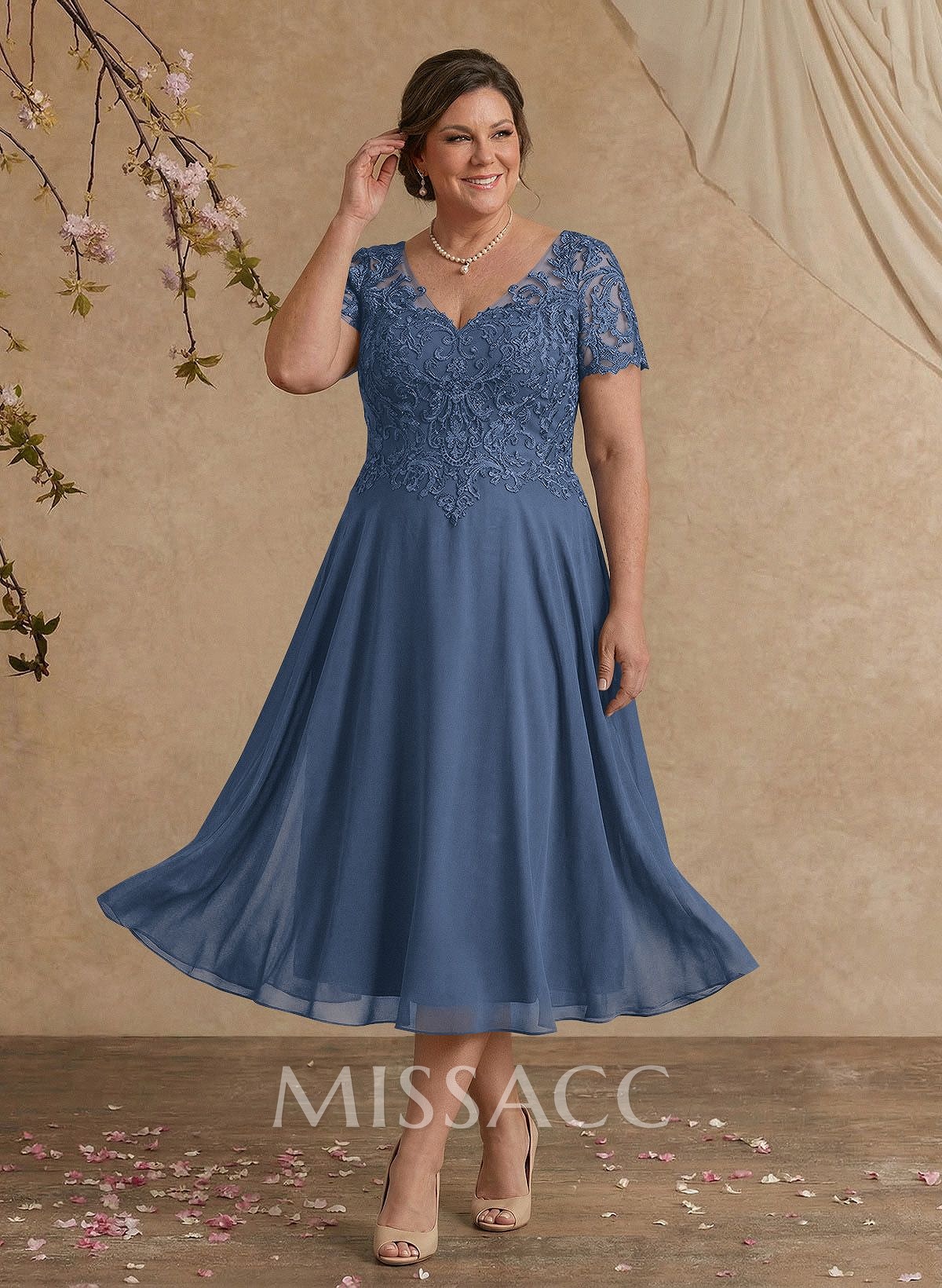 A-Line V-Neck Short Sleeves Tea-Length Chiffon Mother Of The Bride Dresses With Lace