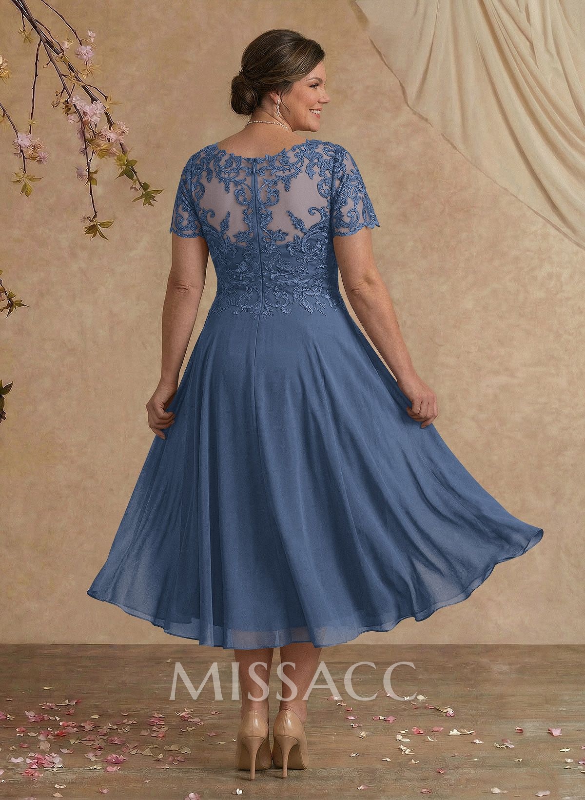 A-Line V-Neck Short Sleeves Tea-Length Chiffon Mother Of The Bride Dresses With Lace