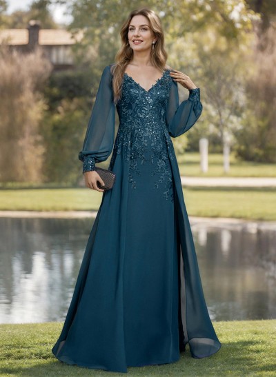 A-Line V-Neck Long Sleeves Floor-Length Chiffon Mother Of The Bride Dresses With Lace