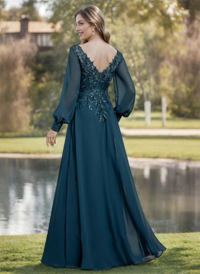 A-Line V-Neck Long Sleeves Floor-Length Chiffon Mother Of The Bride Dresses With Lace