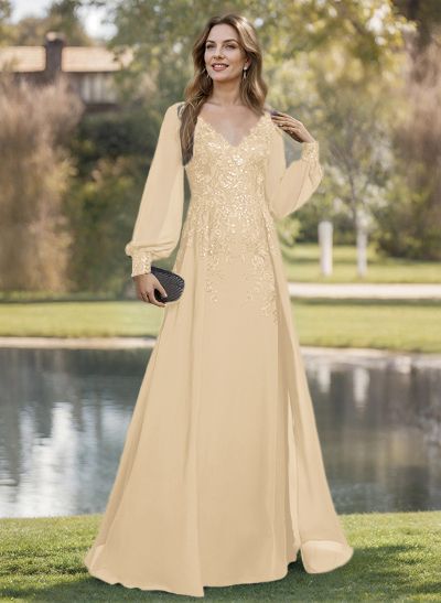 A-Line V-Neck Long Sleeves Floor-Length Chiffon Mother Of The Bride Dresses With Lace