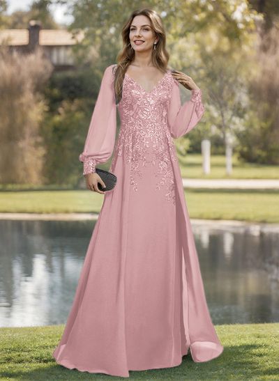 A-Line V-Neck Long Sleeves Floor-Length Chiffon Mother Of The Bride Dresses With Lace