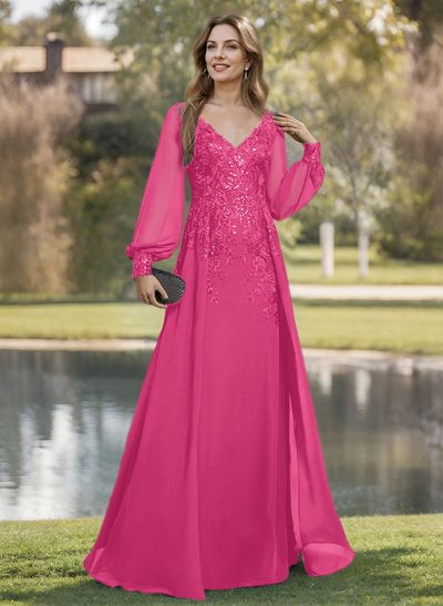 A-Line V-Neck Long Sleeves Floor-Length Chiffon Mother Of The Bride Dresses With Lace