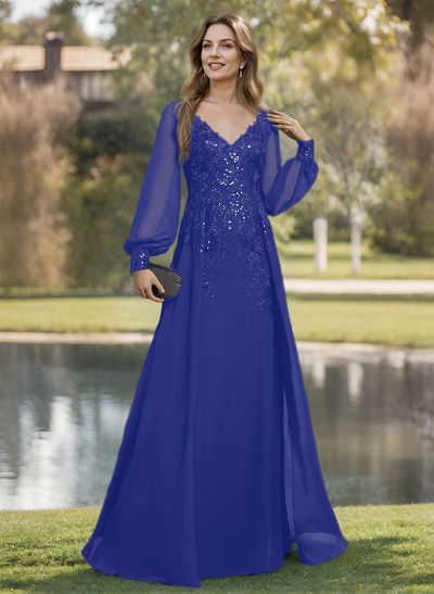 A-Line V-Neck Long Sleeves Floor-Length Chiffon Mother Of The Bride Dresses With Lace