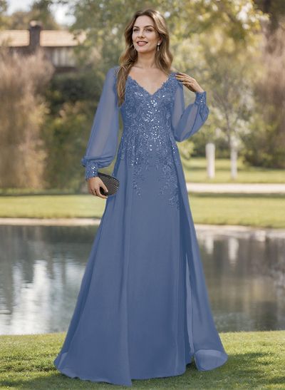 A-Line V-Neck Long Sleeves Floor-Length Chiffon Mother Of The Bride Dresses With Lace