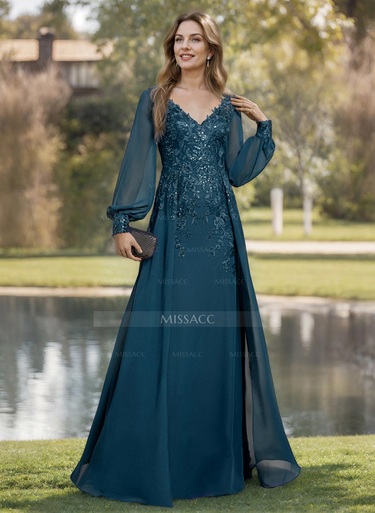 A-Line V-Neck Long Sleeves Floor-Length Chiffon Mother Of The Bride Dresses With Lace