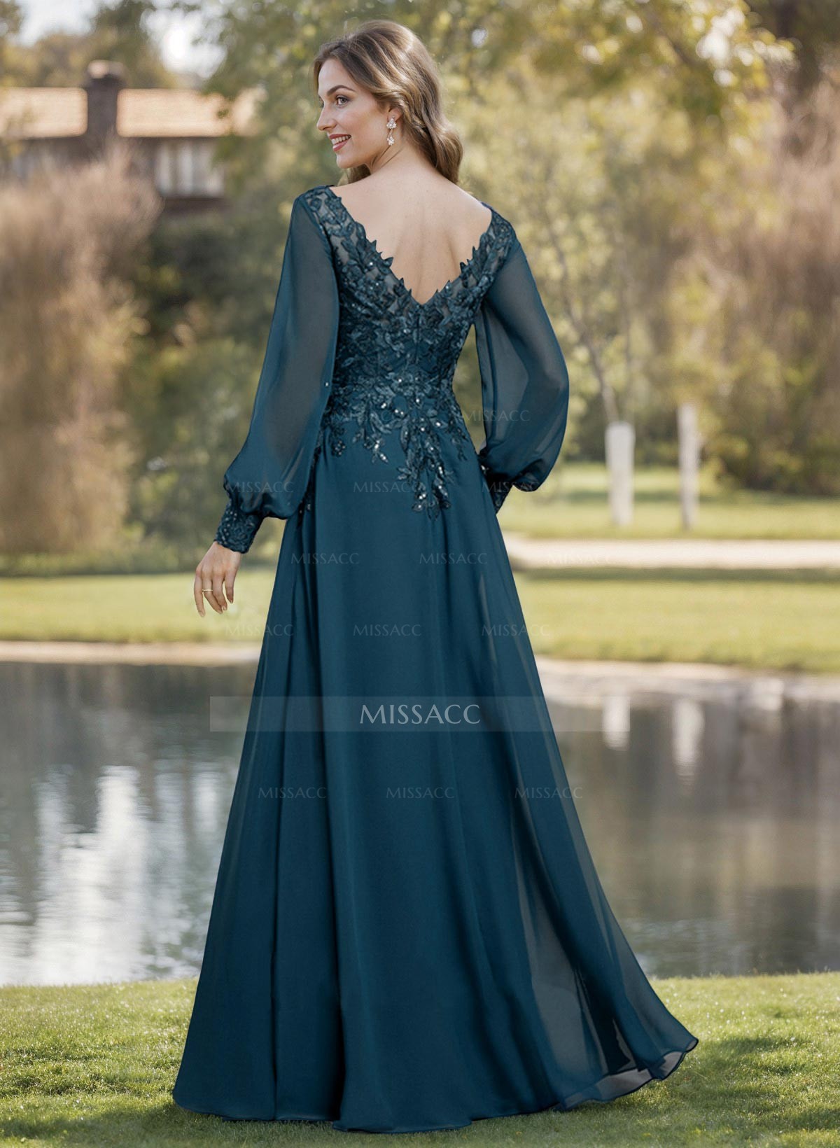 A-Line V-Neck Long Sleeves Floor-Length Chiffon Mother Of The Bride Dresses With Lace