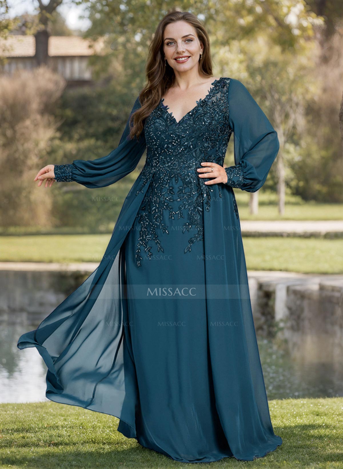 A-Line V-Neck Long Sleeves Floor-Length Chiffon Mother Of The Bride Dresses With Lace