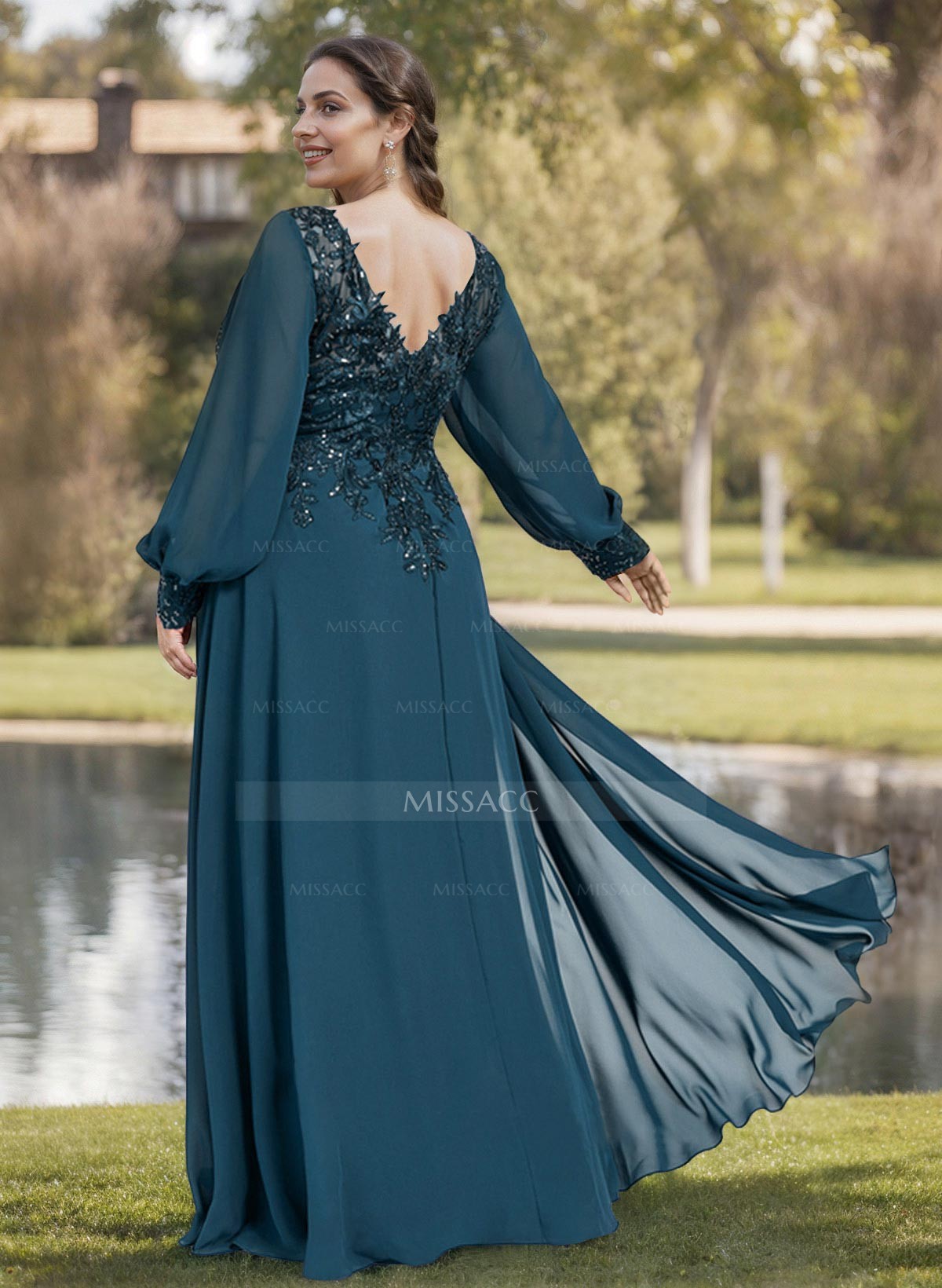 A-Line V-Neck Long Sleeves Floor-Length Chiffon Mother Of The Bride Dresses With Lace