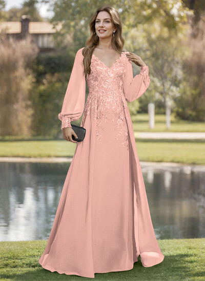 A-Line V-Neck Long Sleeves Floor-Length Chiffon Mother Of The Bride Dresses With Lace