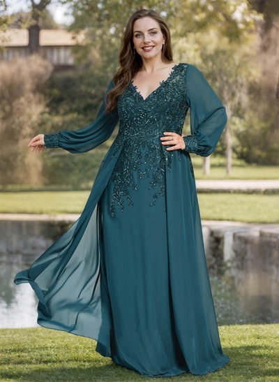 A-Line V-Neck Long Sleeves Floor-Length Chiffon Mother Of The Bride Dresses With Lace