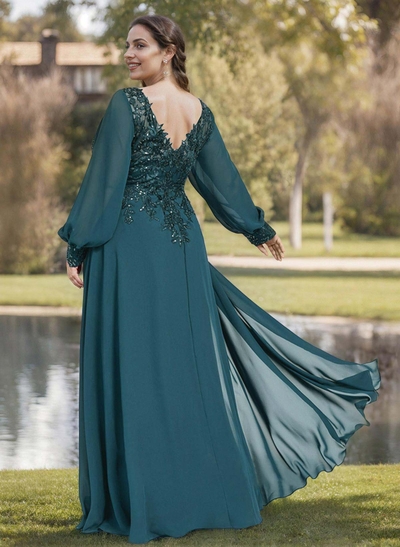 A-Line V-Neck Long Sleeves Floor-Length Chiffon Mother Of The Bride Dresses With Lace