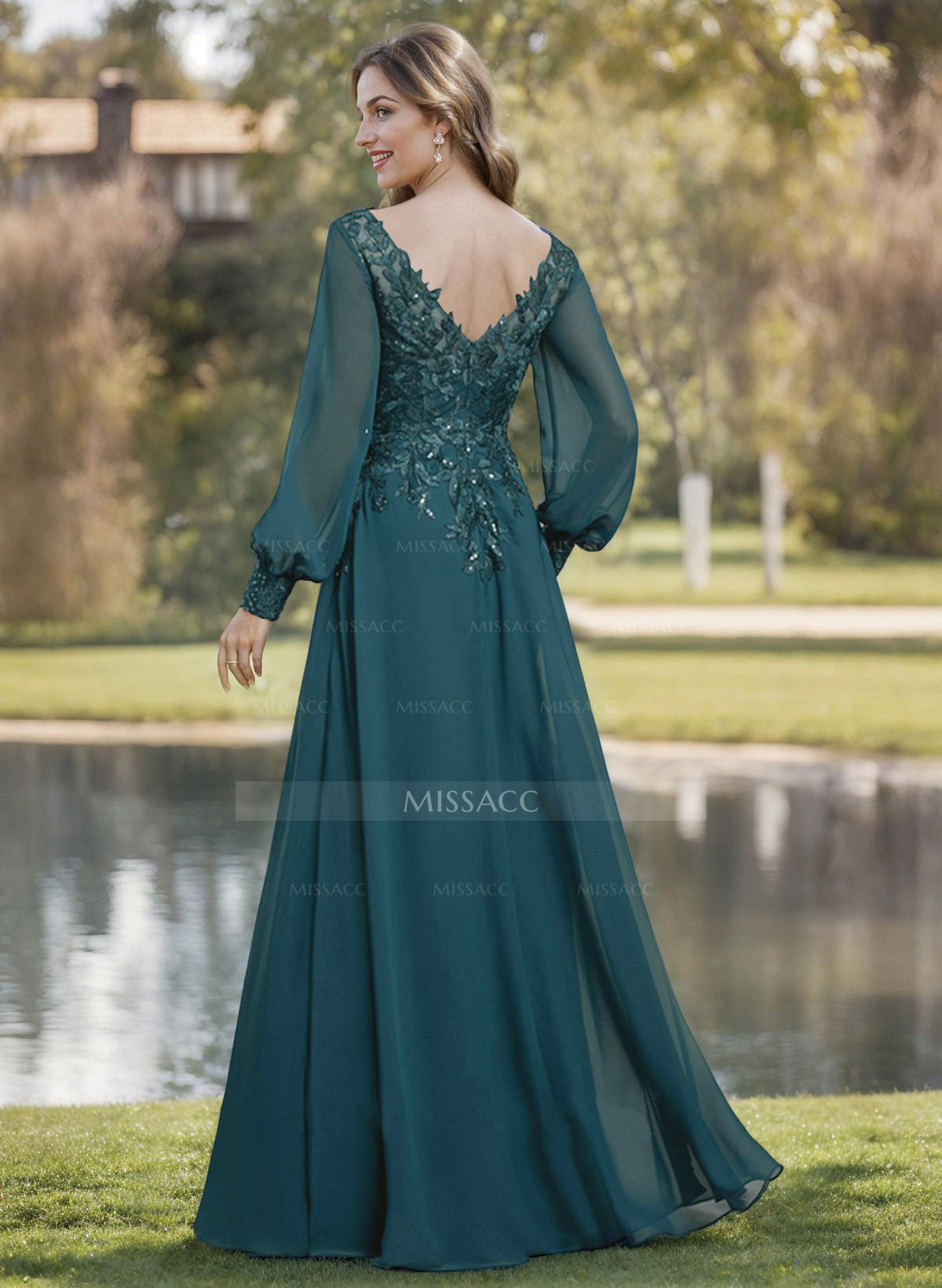 A-Line V-Neck Long Sleeves Floor-Length Chiffon Mother Of The Bride Dresses With Lace