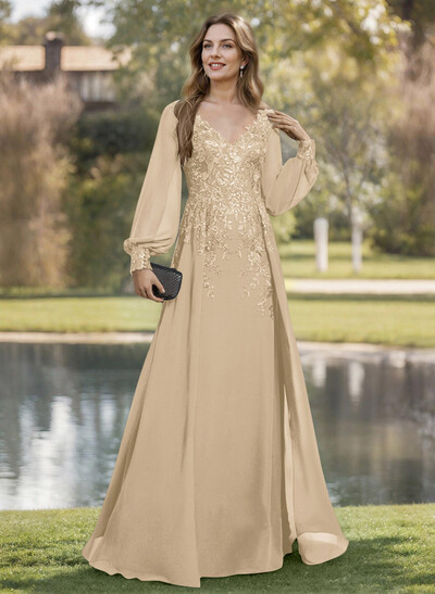 A-Line V-Neck Long Sleeves Floor-Length Chiffon Mother Of The Bride Dresses With Lace