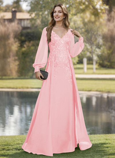 A-Line V-Neck Long Sleeves Floor-Length Chiffon Mother Of The Bride Dresses With Lace
