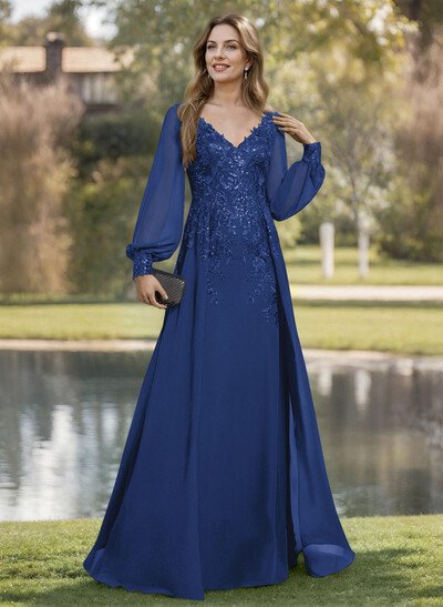 A-Line V-Neck Long Sleeves Floor-Length Chiffon Mother Of The Bride Dresses With Lace