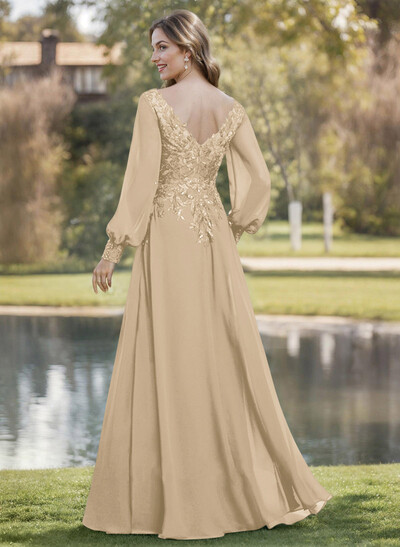 A-Line V-Neck Long Sleeves Floor-Length Chiffon Mother Of The Bride Dresses With Lace