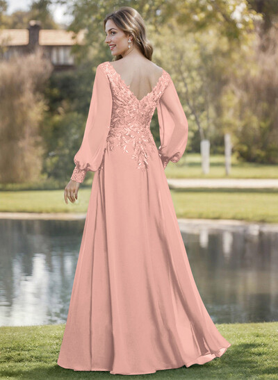 A-Line V-Neck Long Sleeves Floor-Length Chiffon Mother Of The Bride Dresses With Lace
