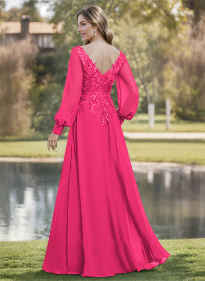 A-Line V-Neck Long Sleeves Floor-Length Chiffon Mother Of The Bride Dresses With Lace