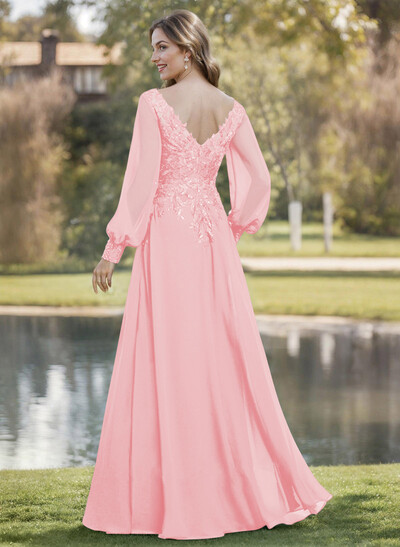 A-Line V-Neck Long Sleeves Floor-Length Chiffon Mother Of The Bride Dresses With Lace