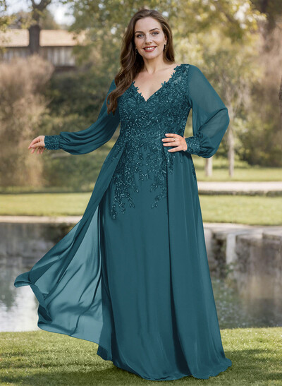 A-Line V-Neck Long Sleeves Floor-Length Chiffon Mother Of The Bride Dresses With Lace