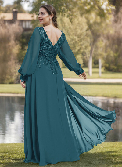 A-Line V-Neck Long Sleeves Floor-Length Chiffon Mother Of The Bride Dresses With Lace