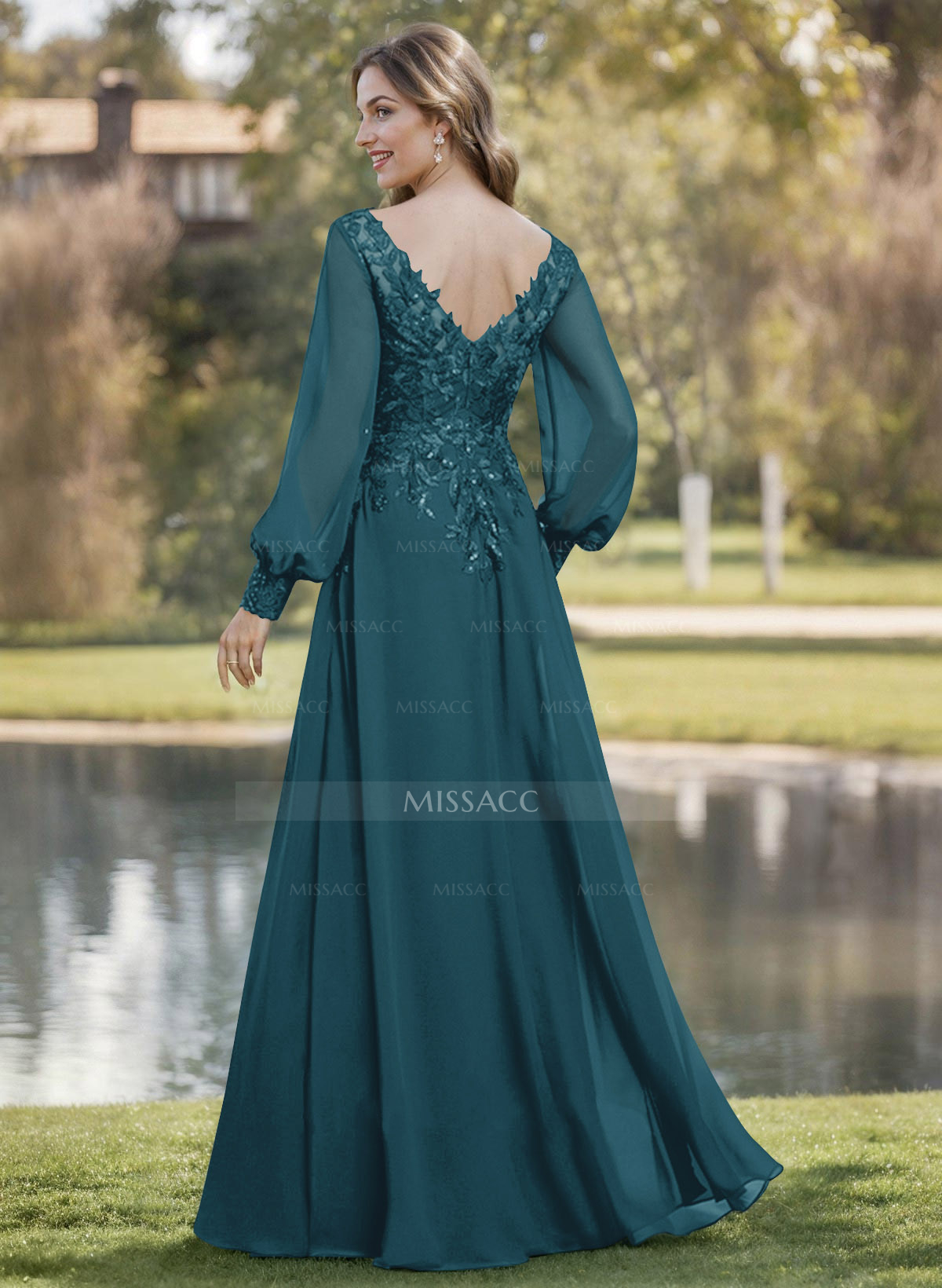 A-Line V-Neck Long Sleeves Floor-Length Chiffon Mother Of The Bride Dresses With Lace