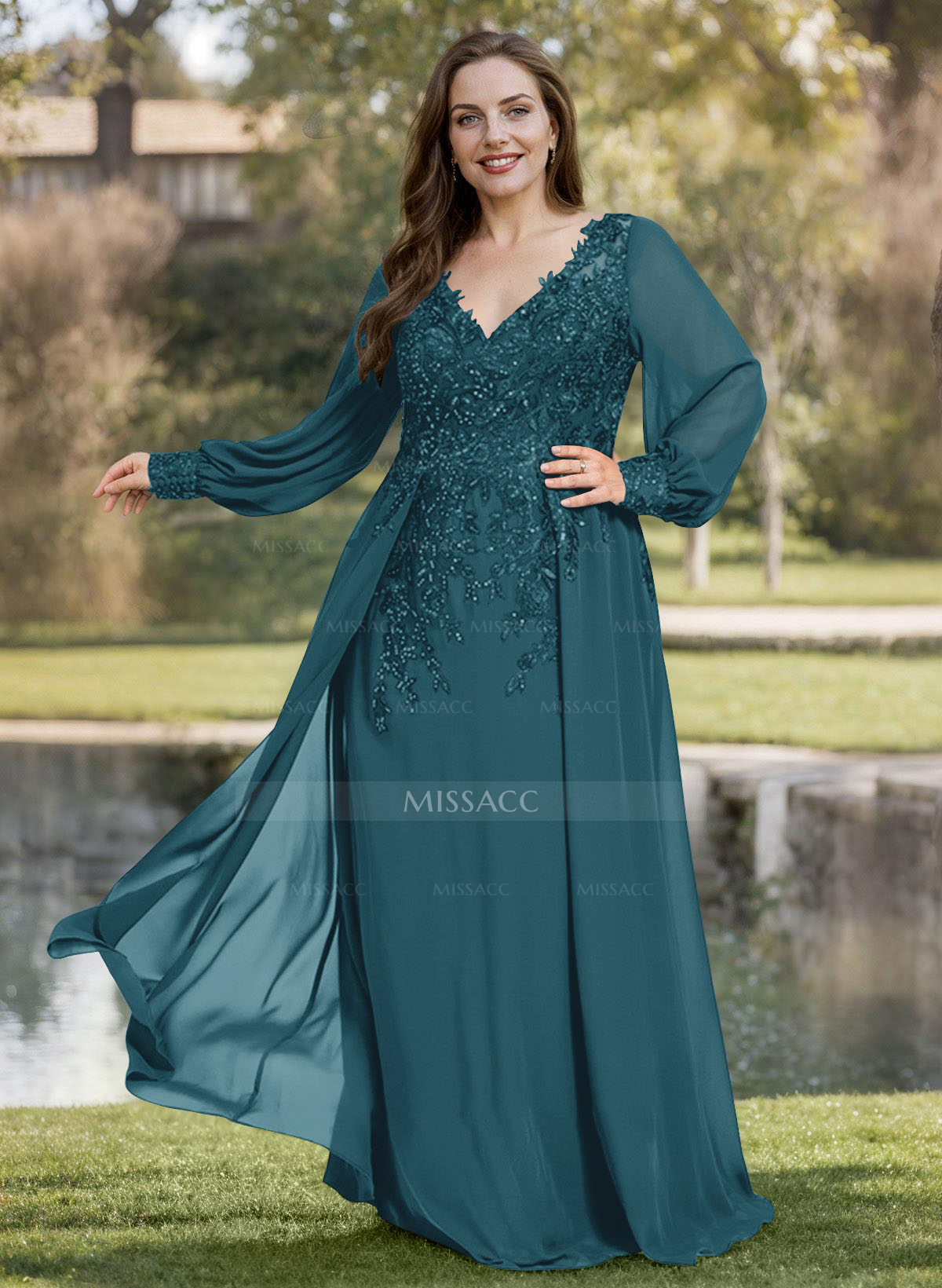 A-Line V-Neck Long Sleeves Floor-Length Chiffon Mother Of The Bride Dresses With Lace