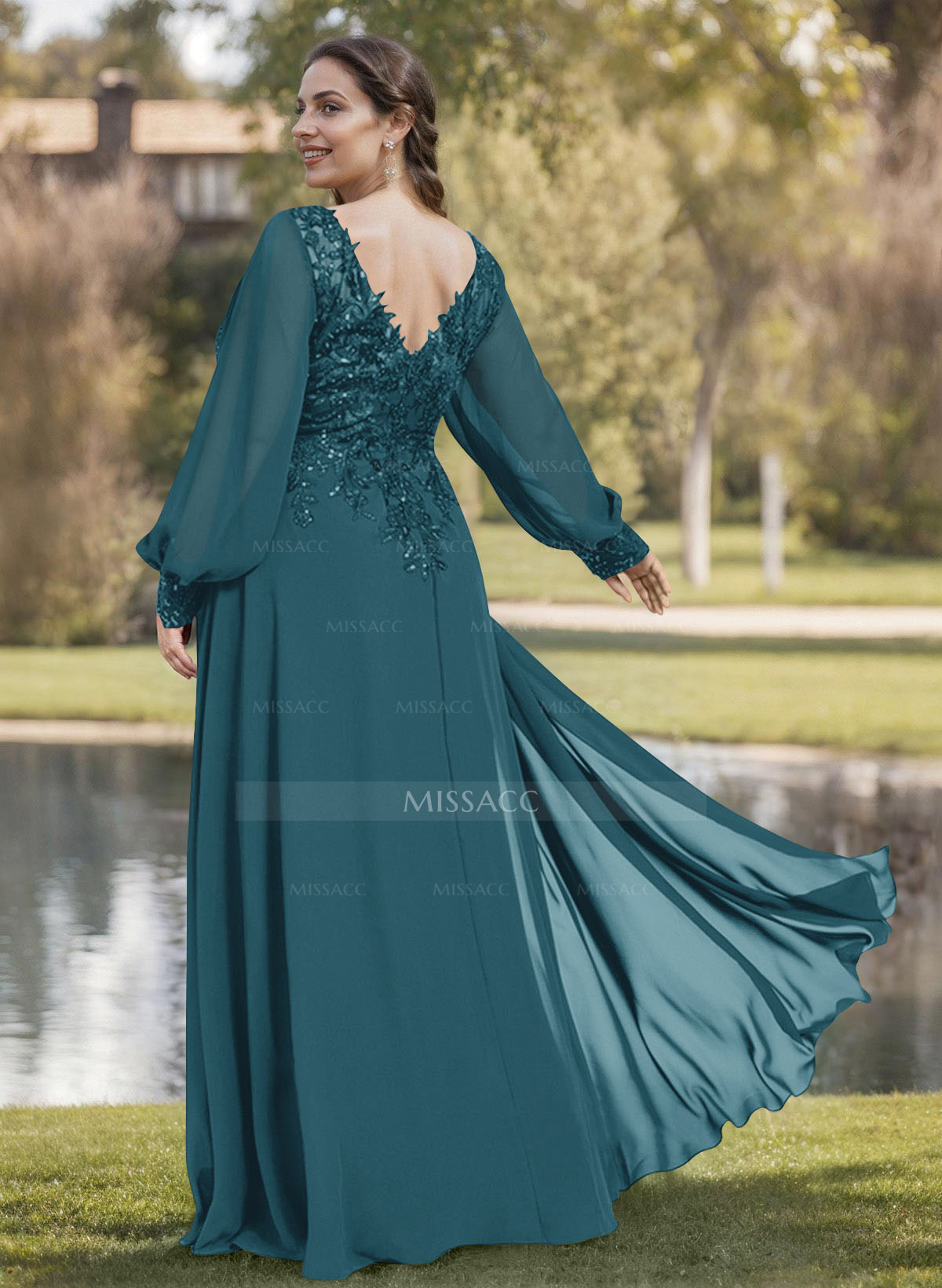 A-Line V-Neck Long Sleeves Floor-Length Chiffon Mother Of The Bride Dresses With Lace