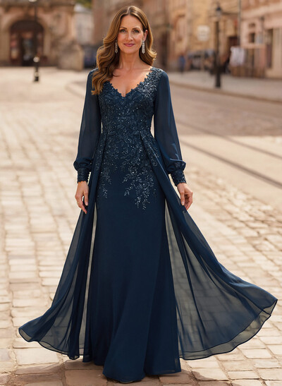 A-Line V-Neck Long Sleeves Floor-Length Chiffon Mother Of The Bride Dresses With Lace