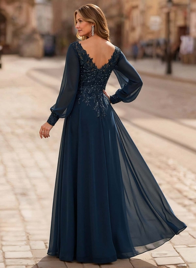 A-Line V-Neck Long Sleeves Floor-Length Chiffon Mother Of The Bride Dresses With Lace