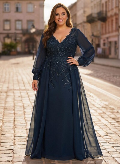 A-Line V-Neck Long Sleeves Floor-Length Chiffon Mother Of The Bride Dresses With Lace