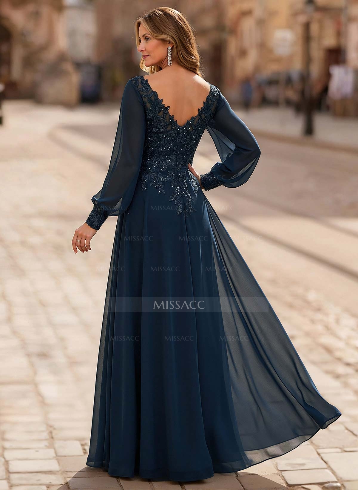 A-Line V-Neck Long Sleeves Floor-Length Chiffon Mother Of The Bride Dresses With Lace