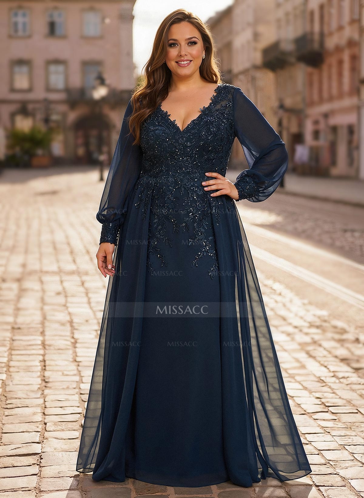 A-Line V-Neck Long Sleeves Floor-Length Chiffon Mother Of The Bride Dresses With Lace