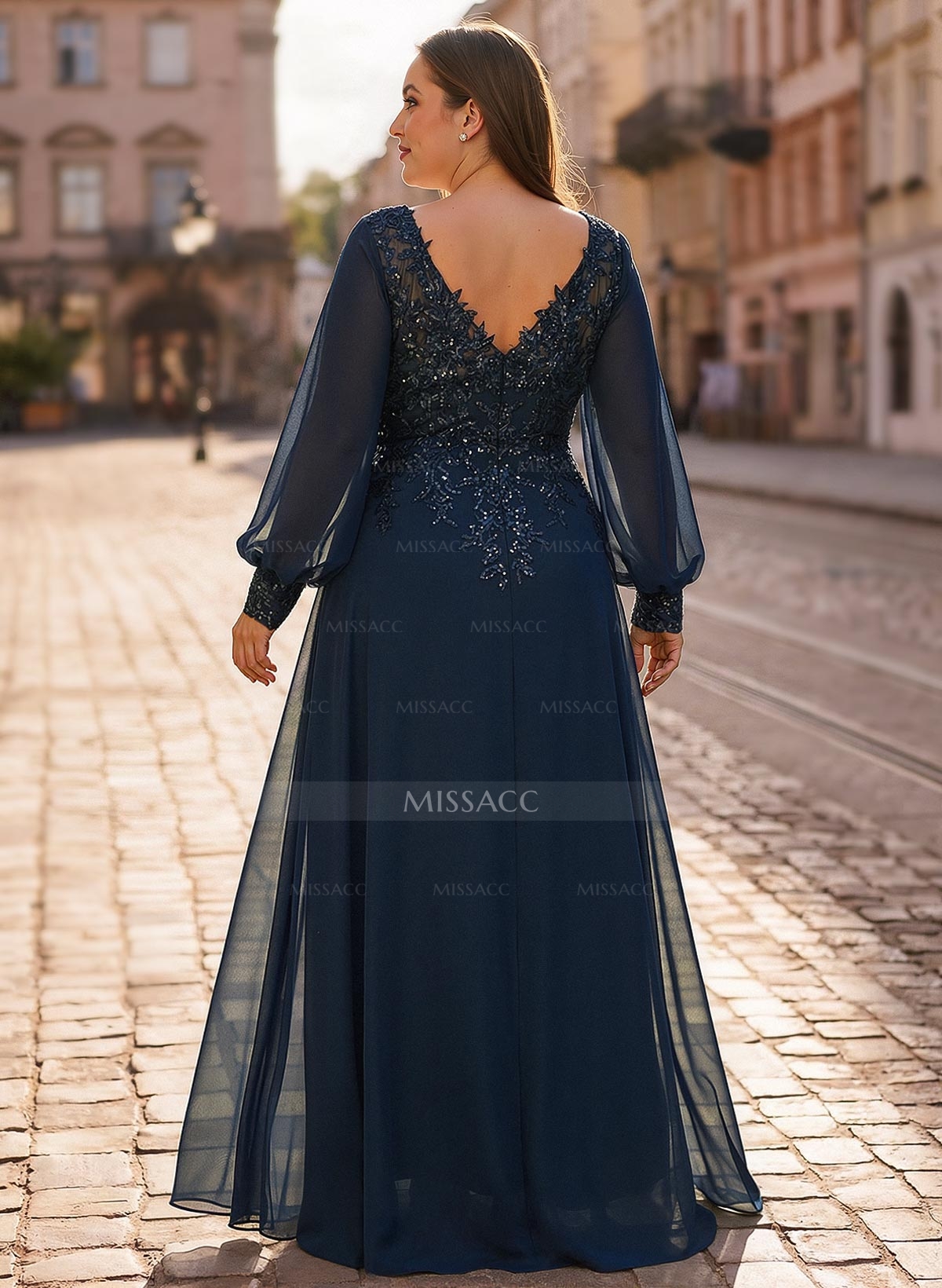 A-Line V-Neck Long Sleeves Floor-Length Chiffon Mother Of The Bride Dresses With Lace
