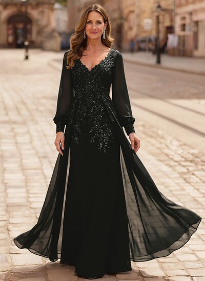 A-Line V-Neck Long Sleeves Floor-Length Chiffon Mother Of The Bride Dresses With Lace