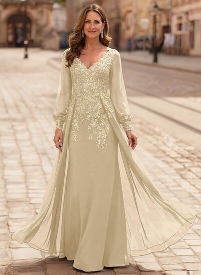 A-Line V-Neck Long Sleeves Floor-Length Chiffon Mother Of The Bride Dresses With Lace