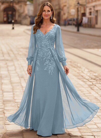 A-Line V-Neck Long Sleeves Floor-Length Chiffon Mother Of The Bride Dresses With Lace